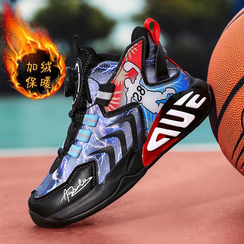 Winter boys' cotton shoes, children's basketball shoes, mid-top leather velvet thermal sports shoes, children's cotton shoes, one piece 2025