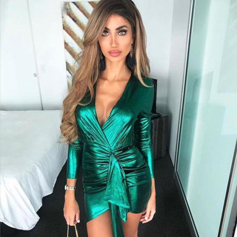 New Night Club Style Deep V-neck Sexy Solid Color Dress Women