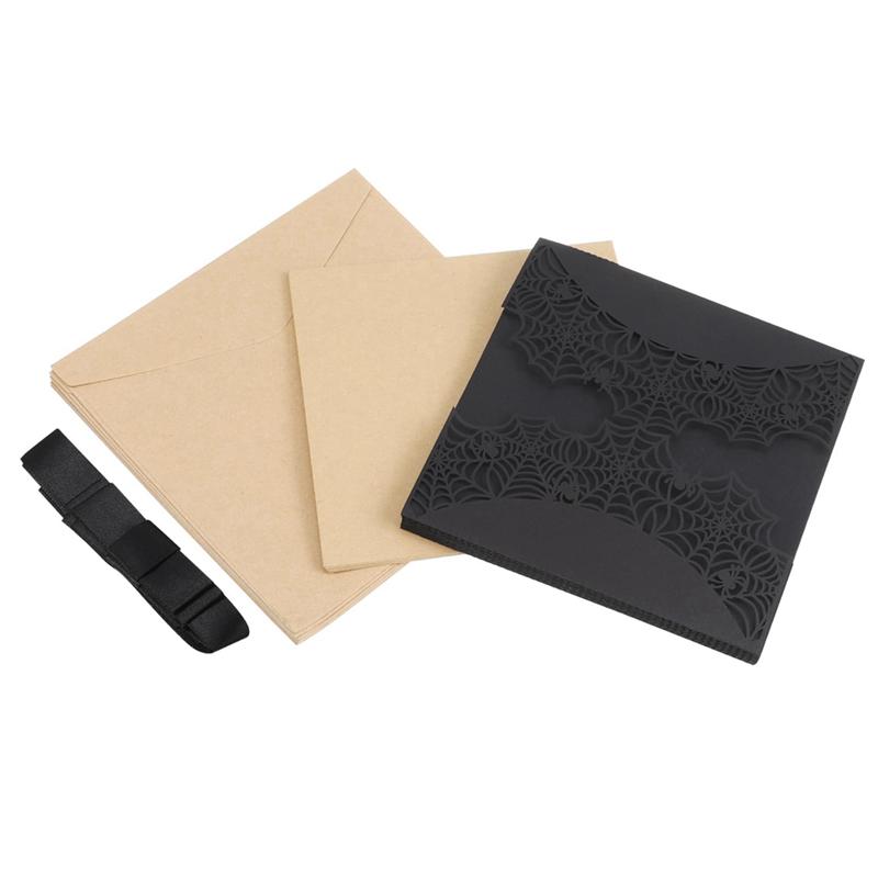 

ABWR-10Pcs Hollow Horror Party Invitations Cards Spiderweb Design Cards With Bowknots (Black)