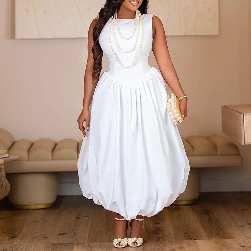 

Spring new, fashionable and casual solid color splicing sleeveless bud dress S белый