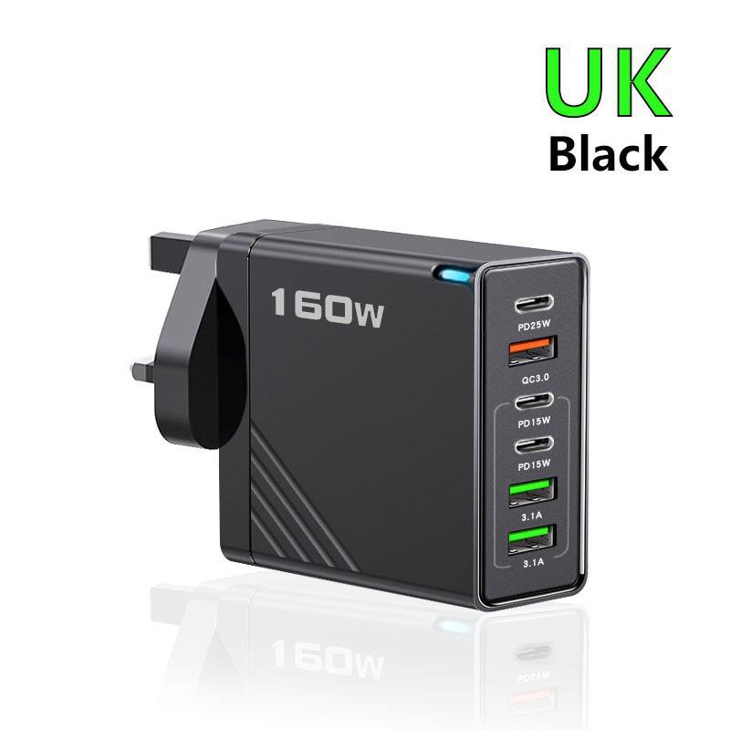 160W Multi-Port Fast Charger: 3 USB + 3 Type-C, EU/UK Plug, Compatible with Apple, Huawei, Xiaomi