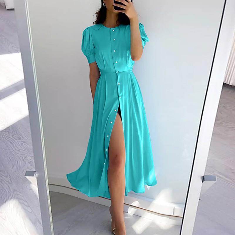 Womens Printed High-Waisted A-Line Midi Dress With Slit Lantern Sleeve Elegant Office Wear Small синий