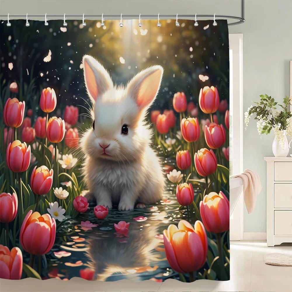 Floral Summer Shower Curtain Cat and Dog Animals Fabric Shower Curtains for Rustic Bathroom Decor Spring Plant Shower Curtain
