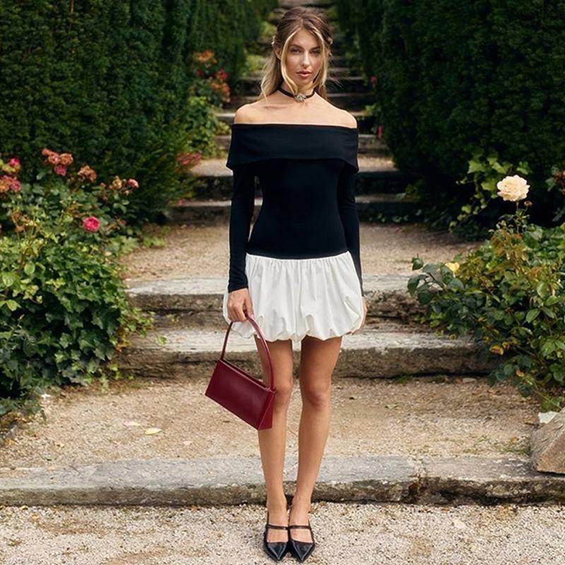 Fall 2024 French Pure Desire Style Sexy off-Shoulder Long Sleeve Color Matching Waist Slim Looking A- Line Dress Women