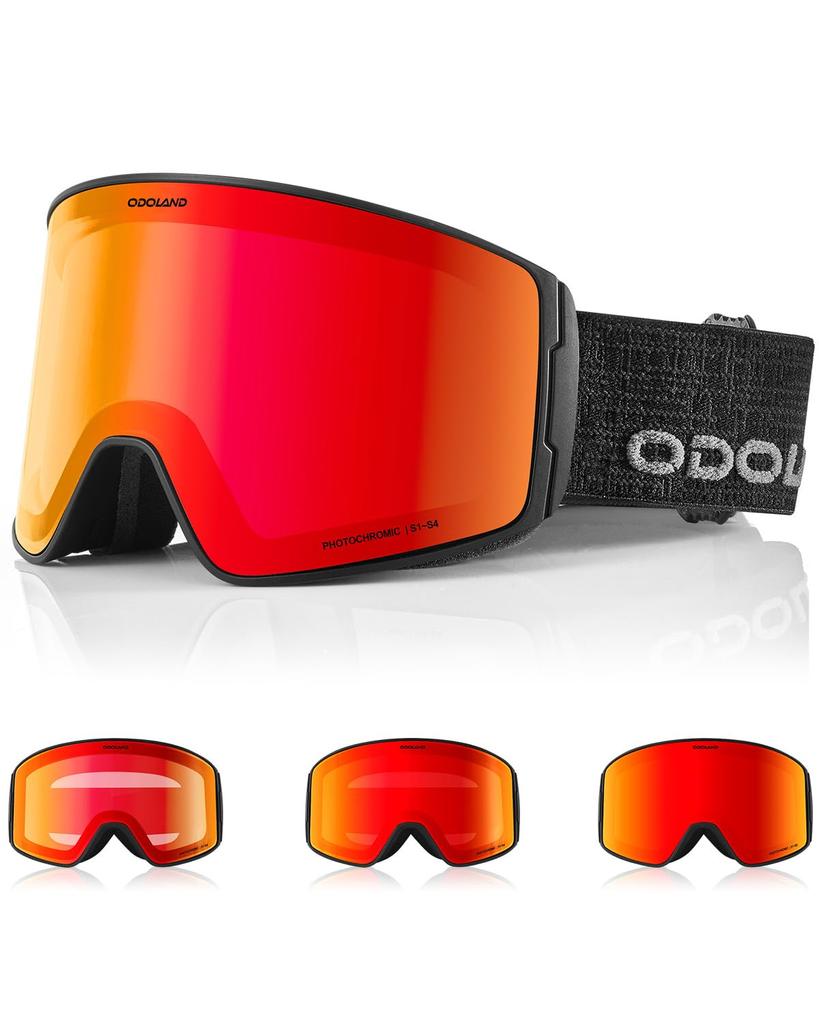 Odoland Photochromic Snow Goggles with Mirror OTG Glasses UV400 Automatic Impact Adult Size Color-Changing Lenses, Anti-Fog, Compatible, Protection,