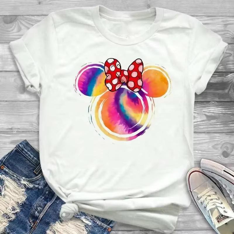 2026 New Colorful Cute Mickey Mouse Head Classic Pattern Breathable Crew Neck Top Daily Wear Short Sleeve