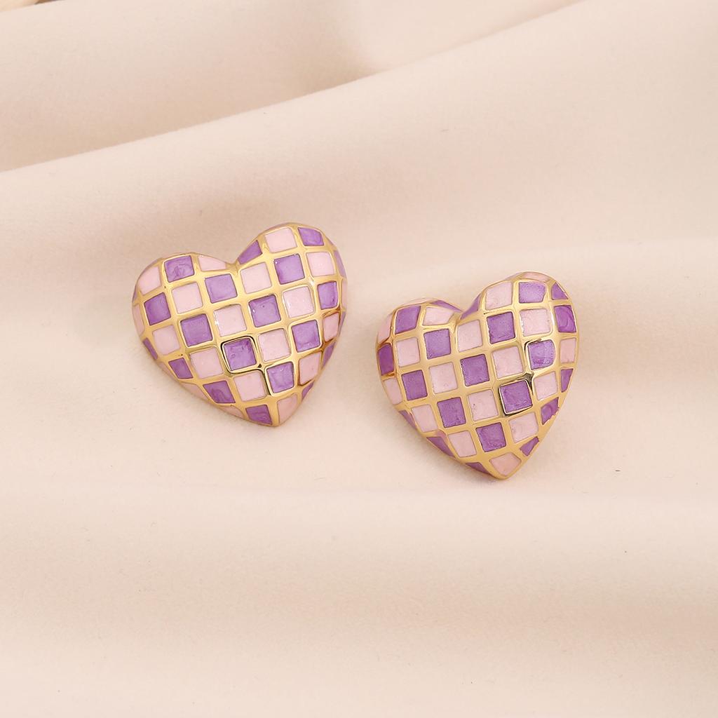 3D Heart Checkered Stud Earrings for Women, Minimalist Versatile Cool Style Ear Jewelry