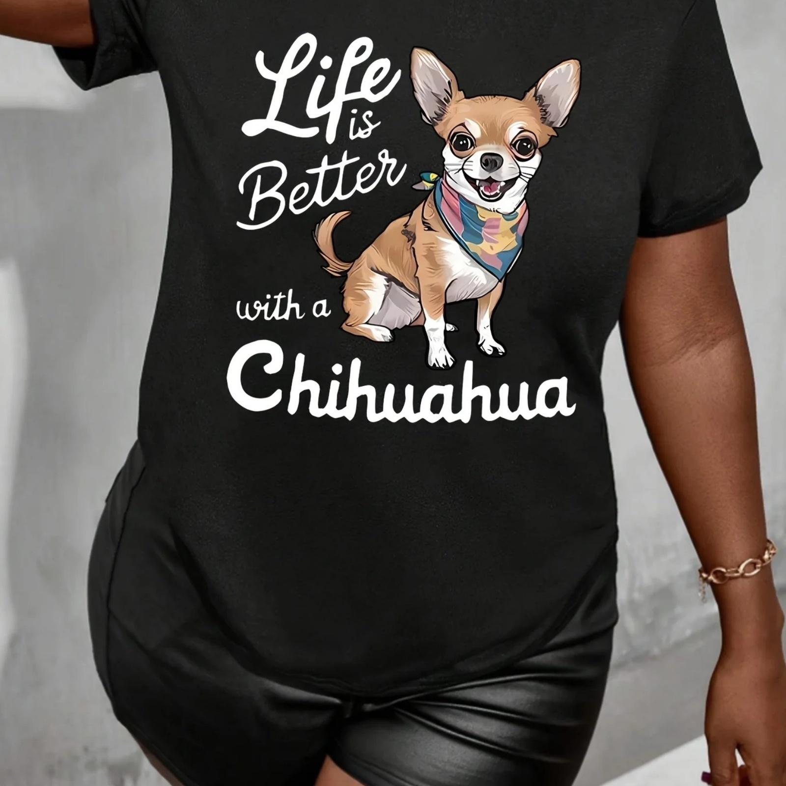 Ladies Chihuahua Pattern T-shirt - Art Printed T-shirt Black Casual Summer Short Sleeve Top S