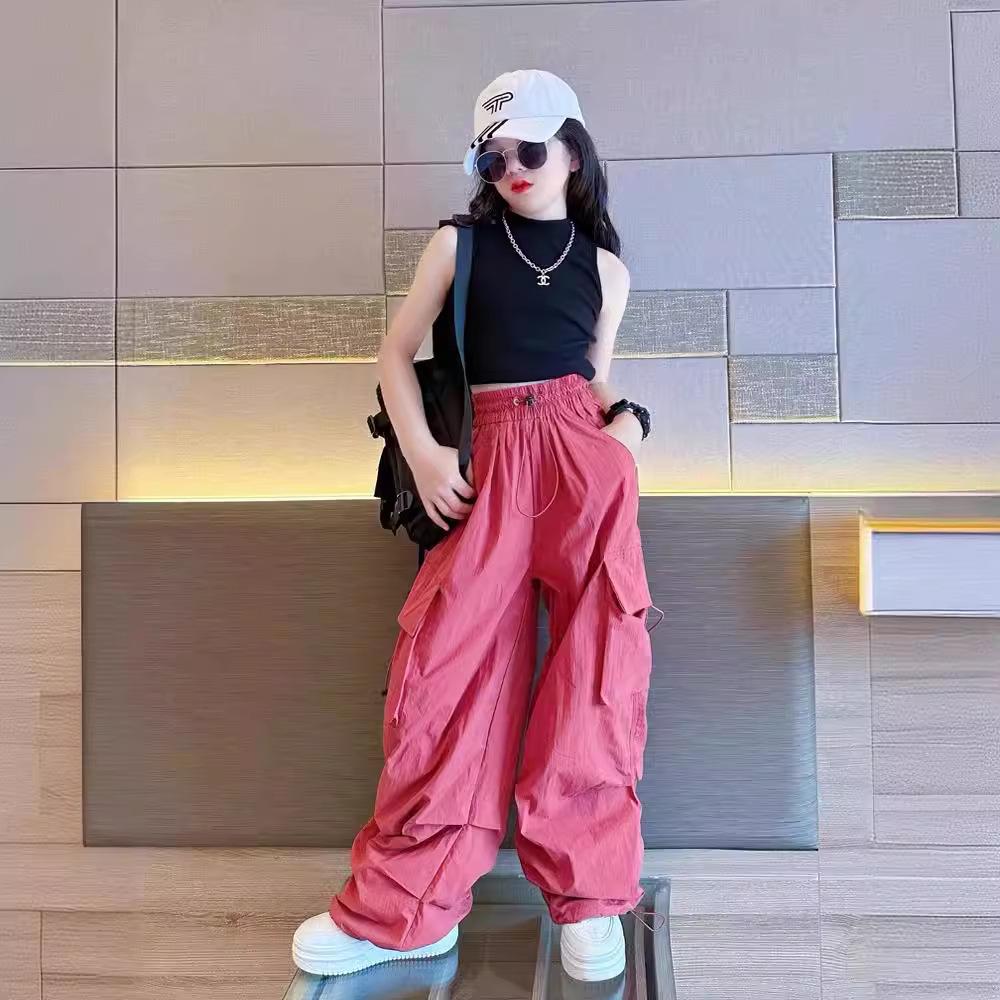 Girls' 2024 Spring/Summer Wide-Leg Overalls for Tweens - Loose Street Style Casual Pants