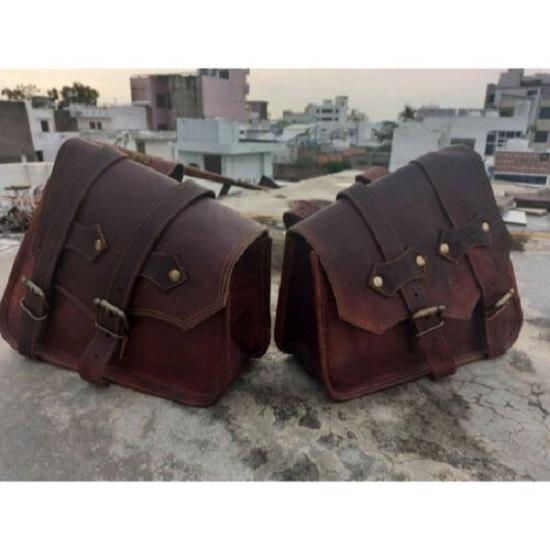 Genuine Brown Goat Leather Motorcycle COMBO Saddle Bag Tool Front Fork Swing Arm