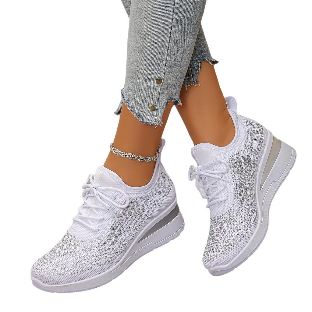 Fashion Women's Shiny Rhinestone Wedge Sneakers Breathable Knit Non Slip Walking Shoes Woman Plus Size Fashion Thick Sole White Sneakers
