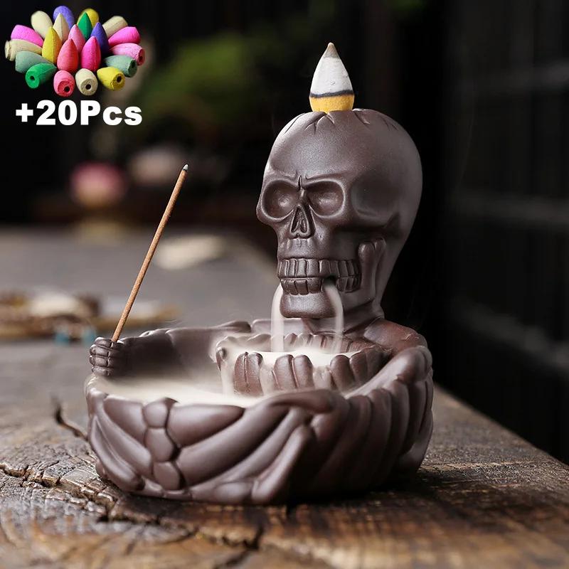 Backflow Incense Skull Decor Stick Holder Waterfall Cones Censer Halloween Decorative Yoga Aromatherapy