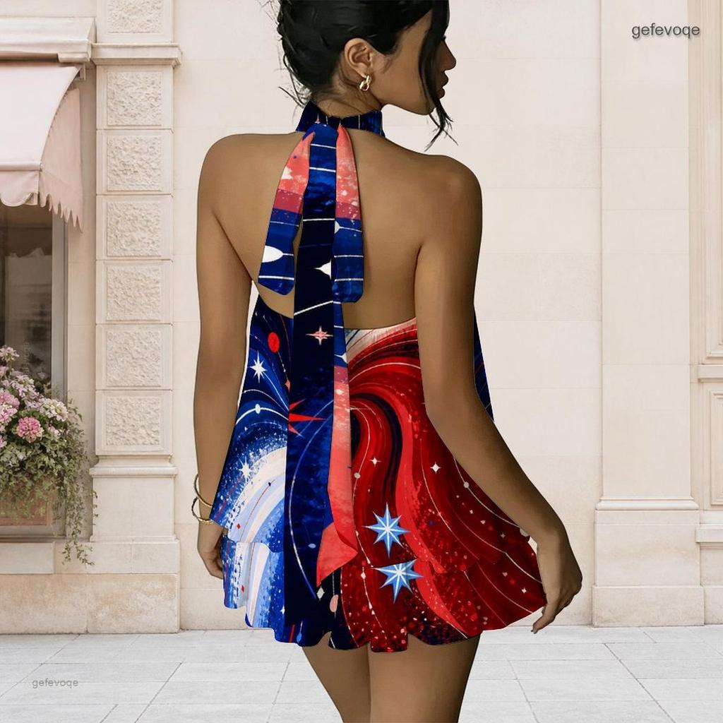 Women Plus Size Halter Backless Fake Two Piece Dress Cosmic Planet Star Patriotic Print Mini Dress
