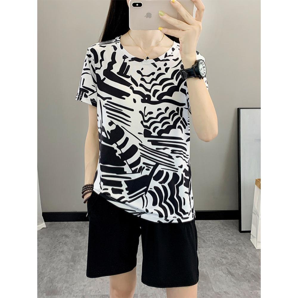

Camouflage short-sleeved T-shirt for women, running, fitness, sports top, loose fit, plus size, stretchy clothing 5XL