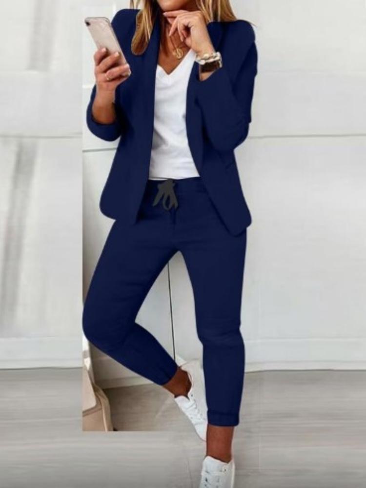 Women's Casual Khaki Suit Set Loose Fit Blazer and Pants with White V-Neck T-Shirt