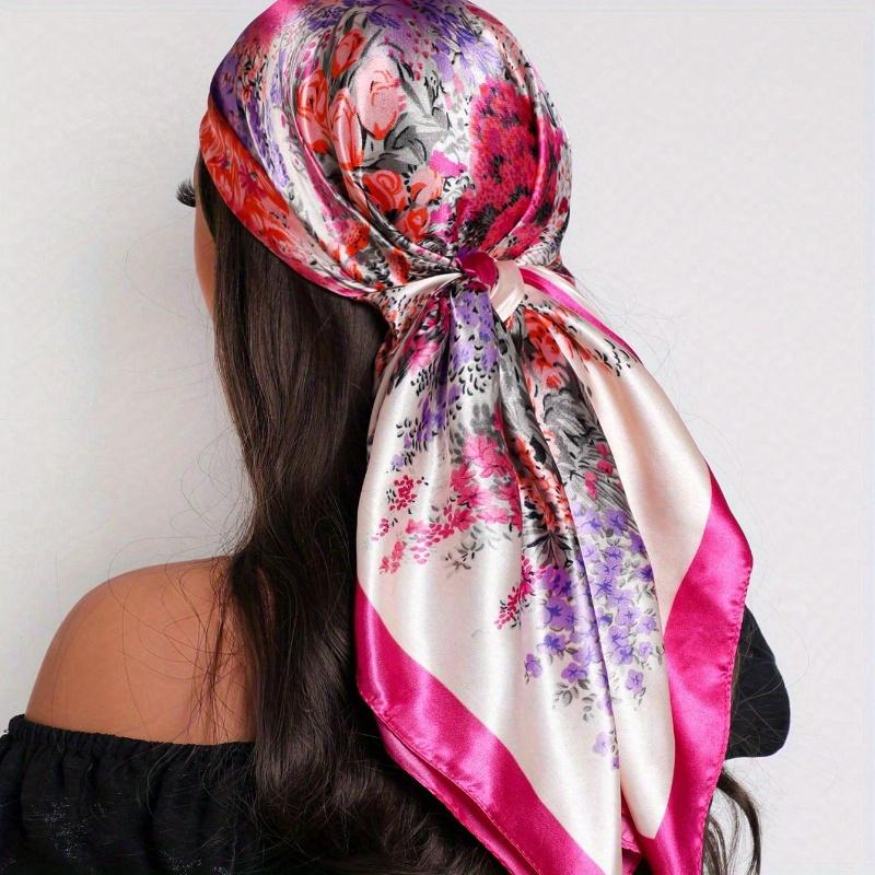 

1 шт. Женский квадратный платок 90 см, Элегантный принт с цветочным узором, Новая модная бандана, подходящая для повседневных и уличных нарядов горячий розовый