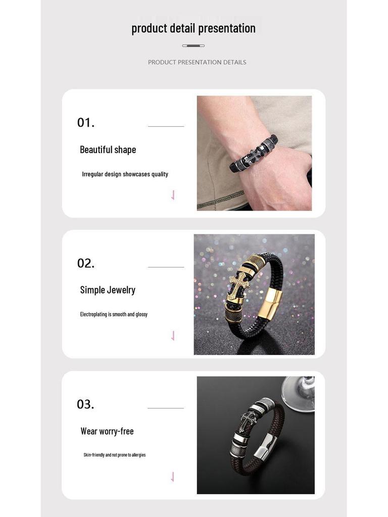 Herren geflochtenes Lederarmband mit eingelegten Diamanten - Trendiges Kreuzdesign, Unisex, Hip-Hop-Stil, vielseitiger Schmuck