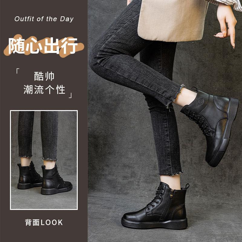 2025 new leather platform Martin boots women's autumn and winter velvet thick heel short boots retro versatile women's boots