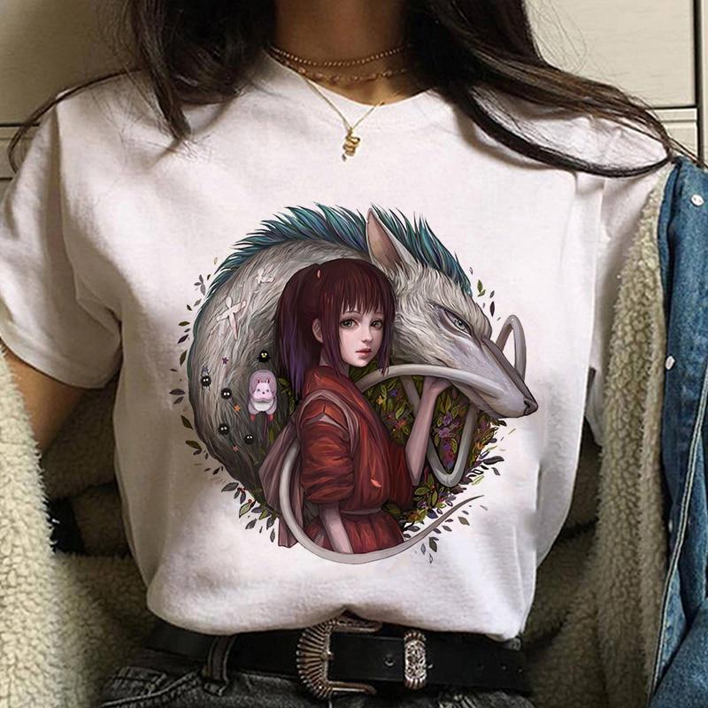Studio Ghibli Spirited Away Hayao Miyazaki Kawaii T-skjorte med trykk for kvinner Harajuku Estetisk T-skjorte Hvite topper Anime T-skjorte for kvinner