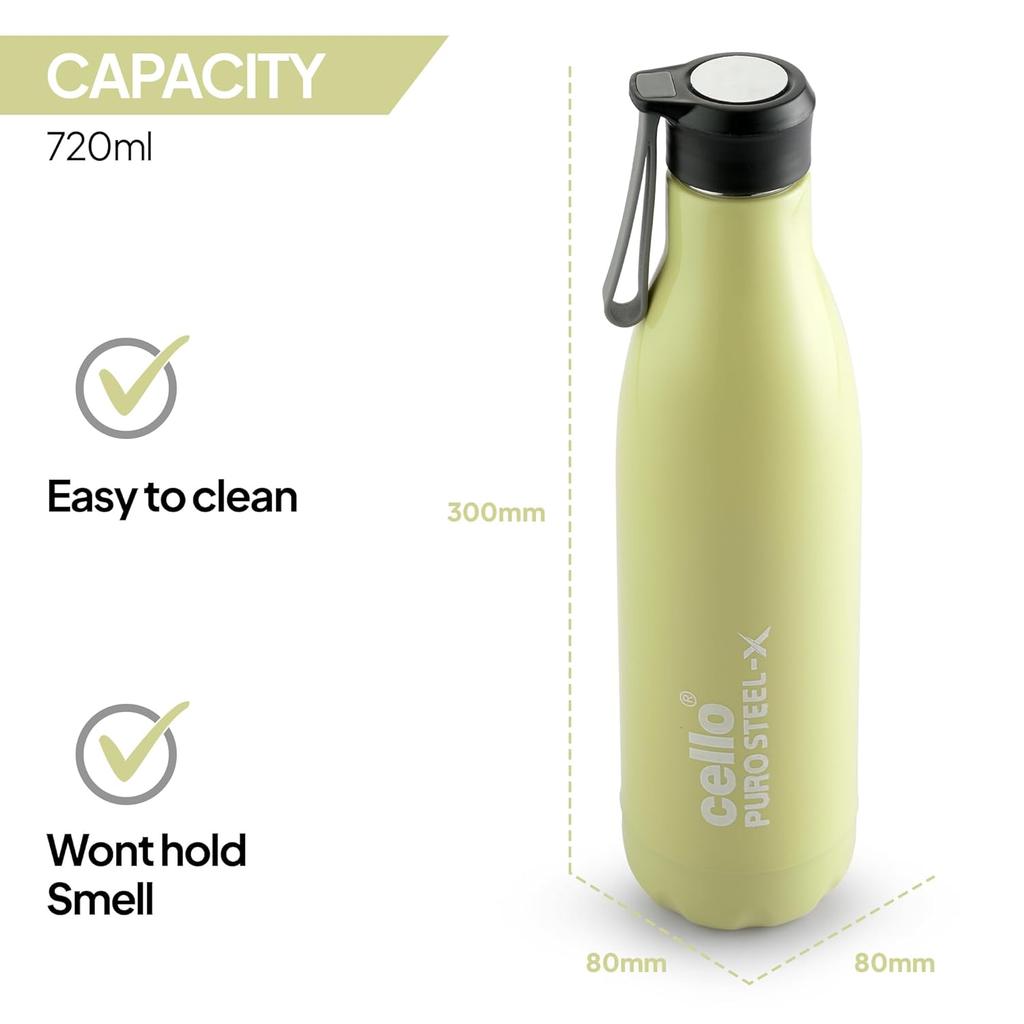 Insulated Steel Water Bottle For Gym Office Travel Sports | Leakproof BPA Free 720ml Bottle | Vibrant Yellow Easy Clean Cold Drink Companion