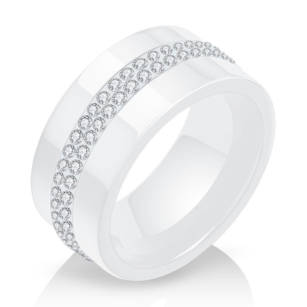 Stylish Ceramic Black and White Two-Row Diamond Ring, 10MM