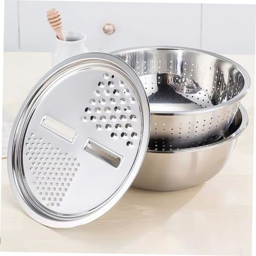 BIUDECO 1-Piece Stainless Steel Grater with Draining and Vegetable Basket, Multifunctional Kitchen Cleaning Bowl, Grater, Clever Slicer, and Colander,