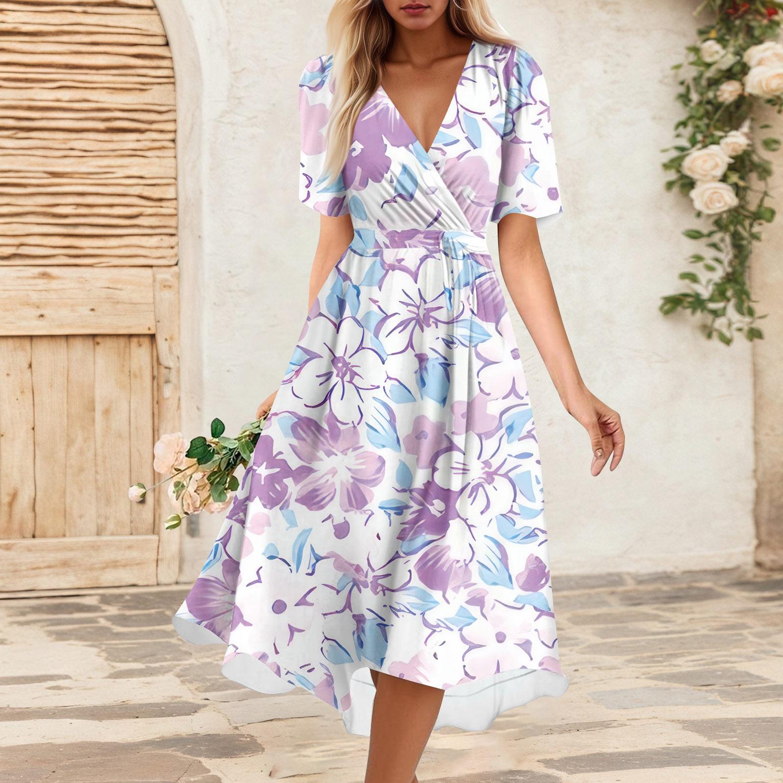 

Женское летнее свободное платье с V-образным вырезом и коротким рукавом, элегантное платье XL фиолетовый