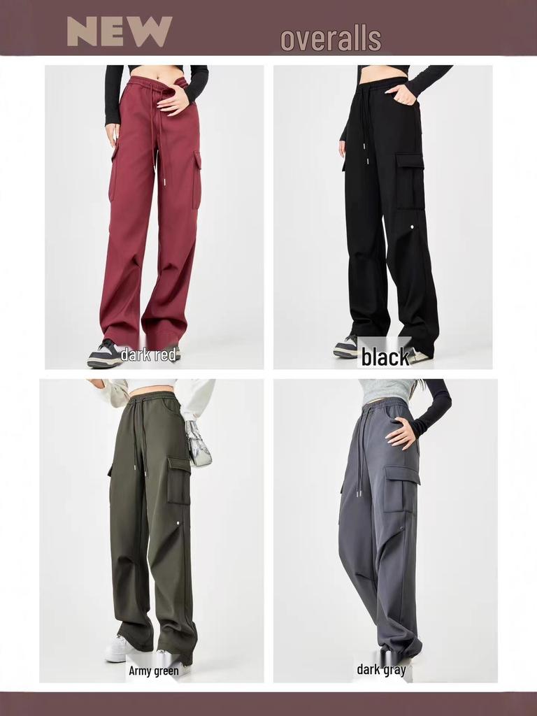 Damen Hochwertige Lässige Cargohose: Herbst/Winter-Stil, mit Plüschfutter, lockere Passform, gerades Bein, mehrere Taschen, Kordelzug, Polyester.