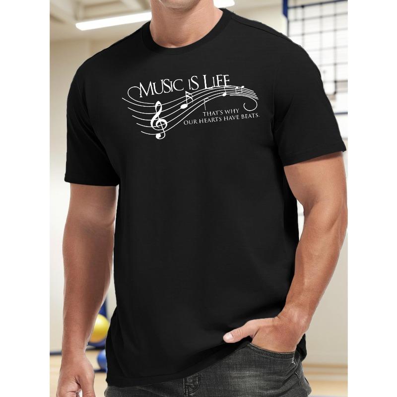European Sizes Men S Music Is Life Graphic Tee, Casual Crew Neck Polyester T-Shirt, Knit Fabric, Slight Stretch S чёрный