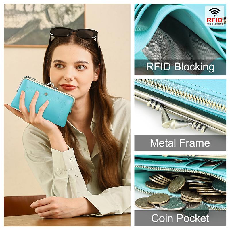 CONTACT'S Genuine Leather Fashion  Long Wallet Women Colorful Coin Pocket with Photo Slot Soft Female Purse Wallets