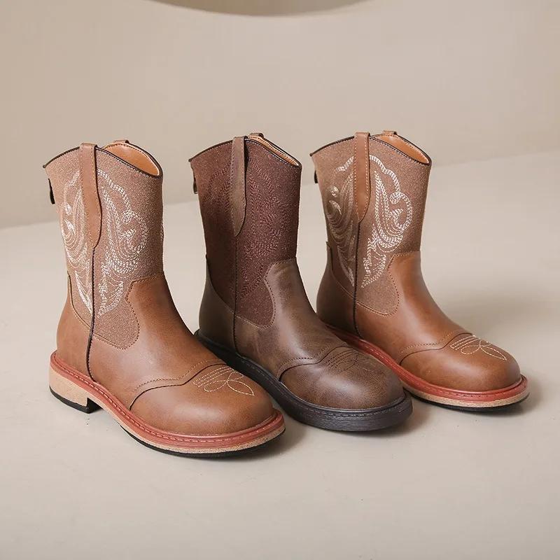 Fashion New Embroidered Leather Western Ankle Boots for Women Autumn Winter Fashion Soft-soled Casual Women's Chelsea Boots Shoes