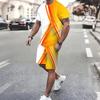 Men Diagonal Orange Yellow Stripe Split Print Short Sleeve Tee And Matching Shorts Two Piece Outfit