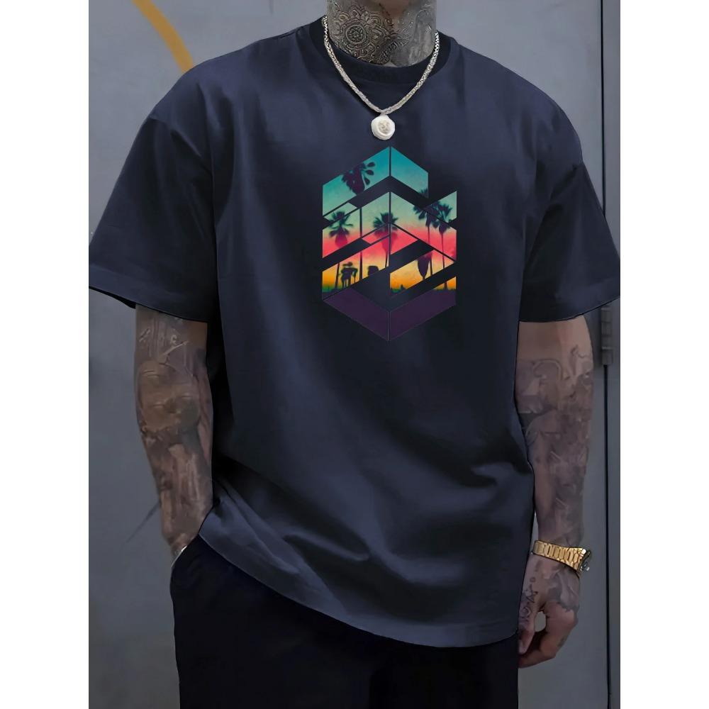 Creative Print Men's Casual T-Shirt, Summer Fashion Crew Neck Short Sleeve Top, Modern Streetwear Style For Men
