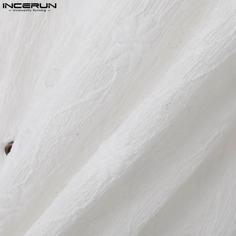 INCERUN Men Floral Short Sleeve See Through Tops Summer Lapel Neck Buttons Texture Shirts