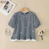 ZANZEA Dames Casual Blouse met Ruitjesprint, Ronde Hals en Korte Mouwen