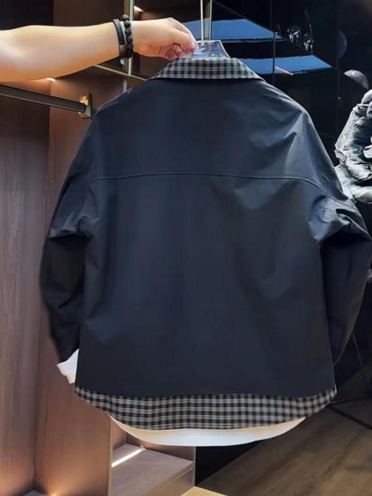 Fake Two-piece Tooling Lapel Plaid Collar Jacket Men's Autumn Korean Version Trendy Top Youth Ruffian Handsome Casual Jacket