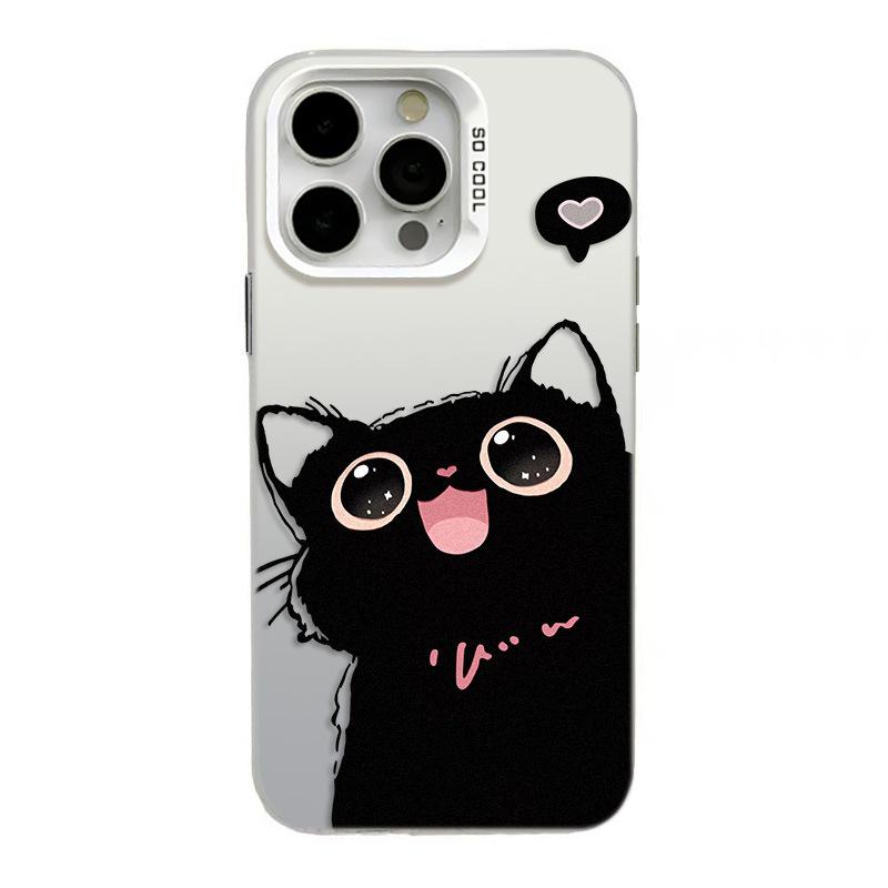 Adorable Black Cat iPhone Case - Compatible with iPhone 13/14Pro/15Pro Max/16 Pro/17, Silver Color