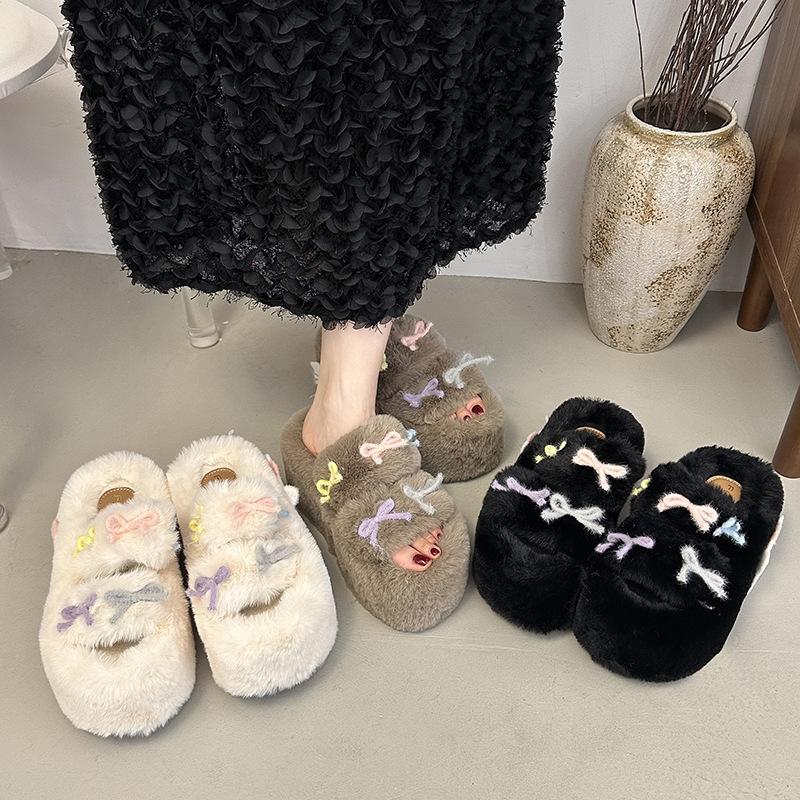Thick-bottomed bow-tie versatile fluffy slippers 2025 autumn new sweet girl heart fashion outer wear home cotton mop