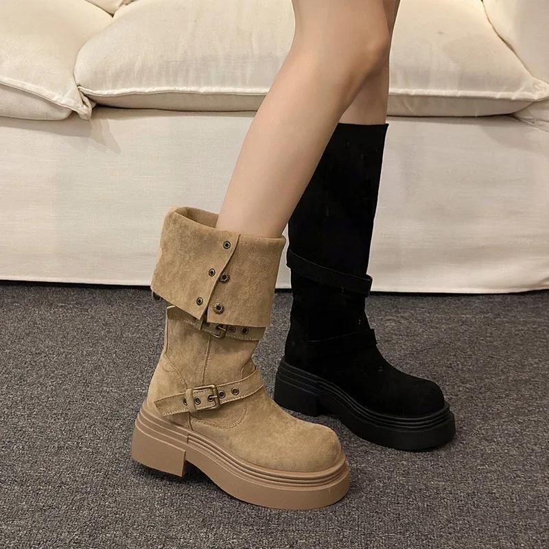 Vintage Knight Women Mid Calf Boots Fashion Slip On Long Booties Autumn Winter Thick Heels Ladies Shoes