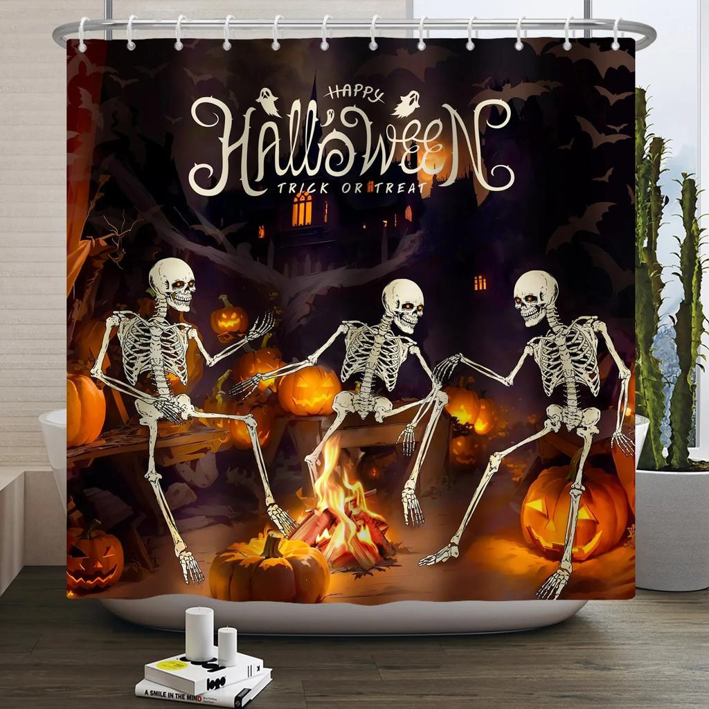 Halloween Duschvorhang Horror Mondnacht Kürbis Schädel Skelett Gruseliges Schloss Hexe Geist Friedhof Wasserdicht Badezimmervorhänge
