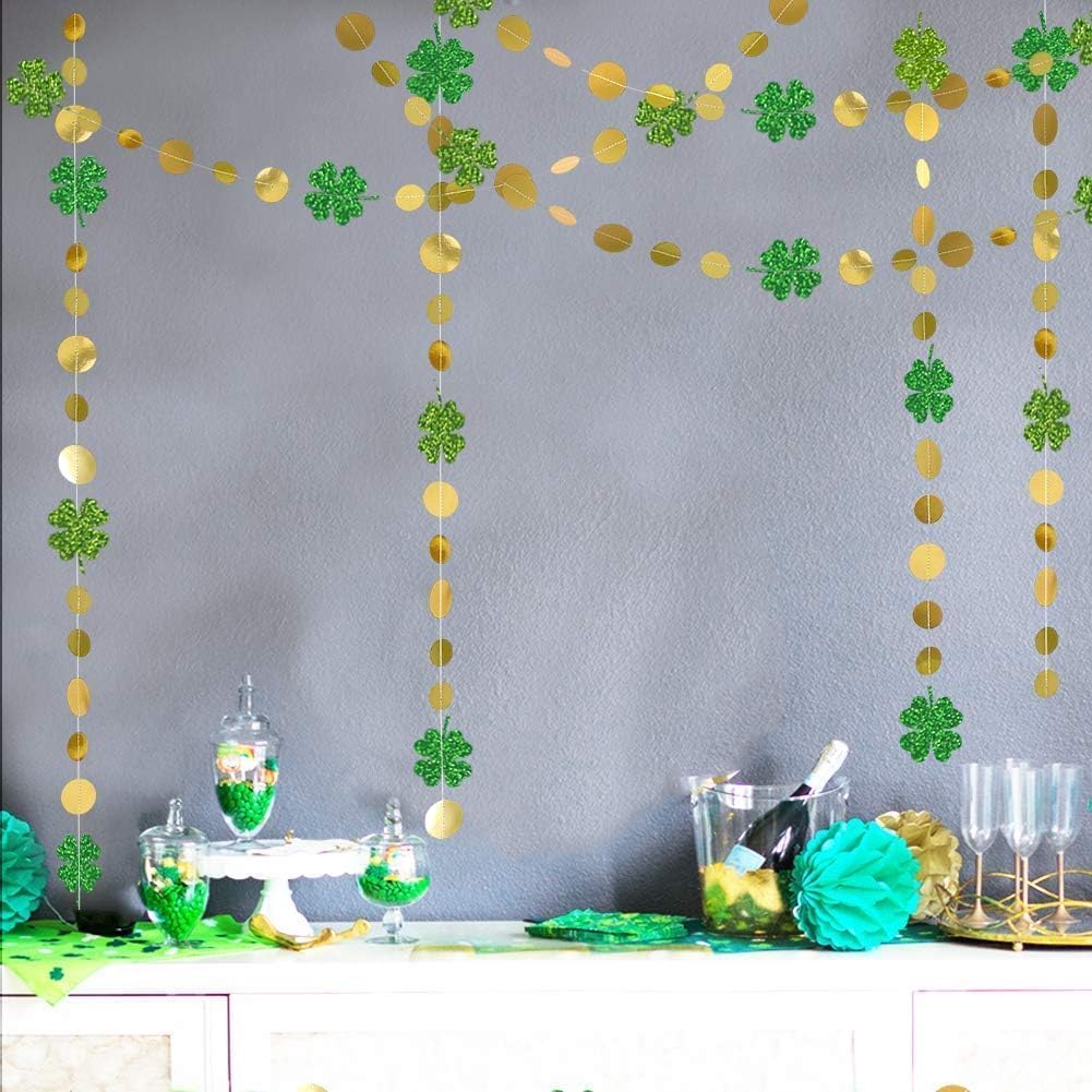 Cheerland Green Shamrock Garland St Patricks Day Decorations 4 Leaf Clover Glitter St Paddy's Day Garland Hanging Streamers for St. Patrick's Day