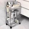 Acrylic Rolling Utility Cart, Clear Storage Carts with Wheels,Mobile Trolley Cart with Handle and 2 Hanging Baskets,Multifunctional Storage Organizer