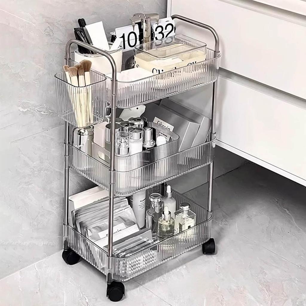 Acrylic Rolling Utility Cart, Clear Storage Carts with Wheels,Mobile Trolley Cart with Handle and 2 Hanging Baskets,Multifunctional Storage Organizer