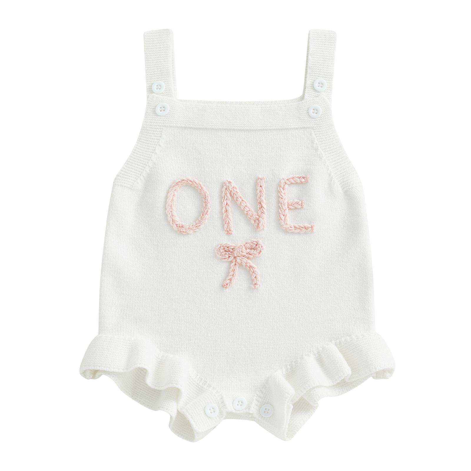 

Дитячий Дівчачий День народження В язаний Комбінезон Без рукавів Квадратний Виріз Літера Вишивка Бант Светр Ромпер 6-12 Months білий