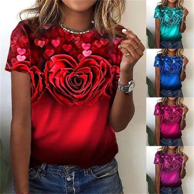 Sommar Dam T-shirt Mode Kortärmade Toppar 3D Blomtryckt O-hals Casual T-shirt För Dam Y2k Kläder Lösa T-shirts Toppar
