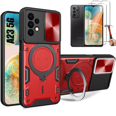 Protective Case for Samsung Galaxy A23 5G - BOOLING - Red - Metal Stand - Sliding Lens Cover - 2 Tempered Glasses