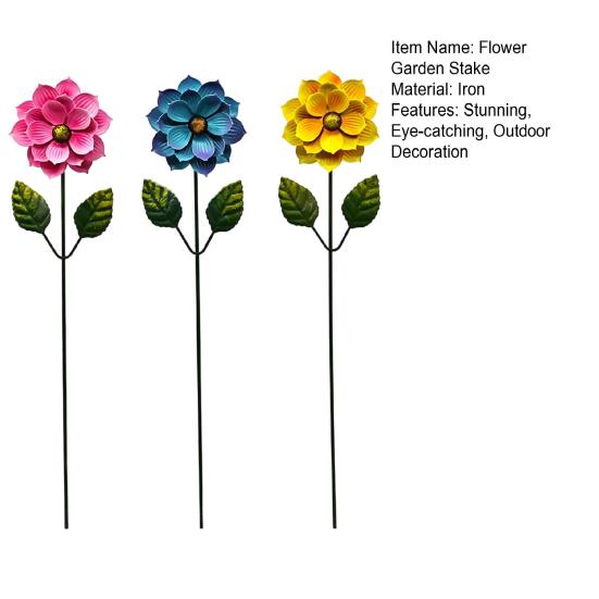 3 Pcs 15.5'' Flower Garden Stakes Colorful Metal Flower Yard Art Outdoor Rust Proof Plant Sticks for Lawn Patio Pathway Decoration