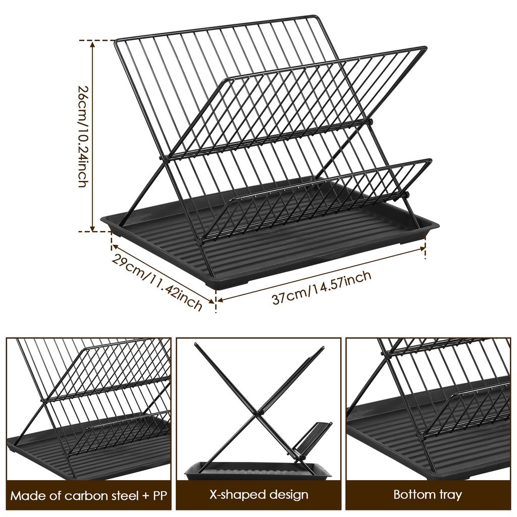 Suport pliabil pentru uscare vase cu 2 niveluri, cu tavă de scurgere, suport pentru uscare bucătărie, suport pentru ustensile din oțel carbon, chiuvetă, depozitare tacâmuri, blat