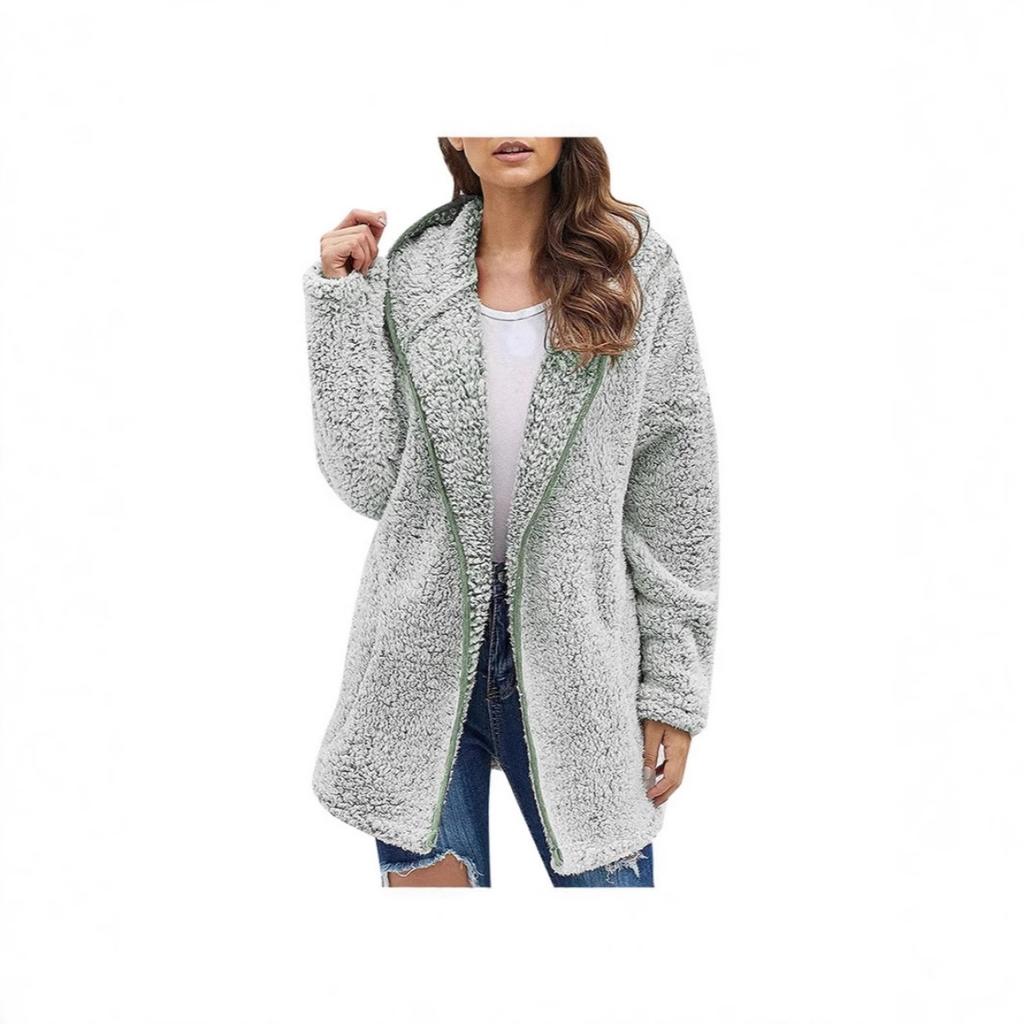 Women's Casual Solid Color Hooded Fleece Sweatshirt Long Sleeve Lapel Fleece Top For Autumn Winter