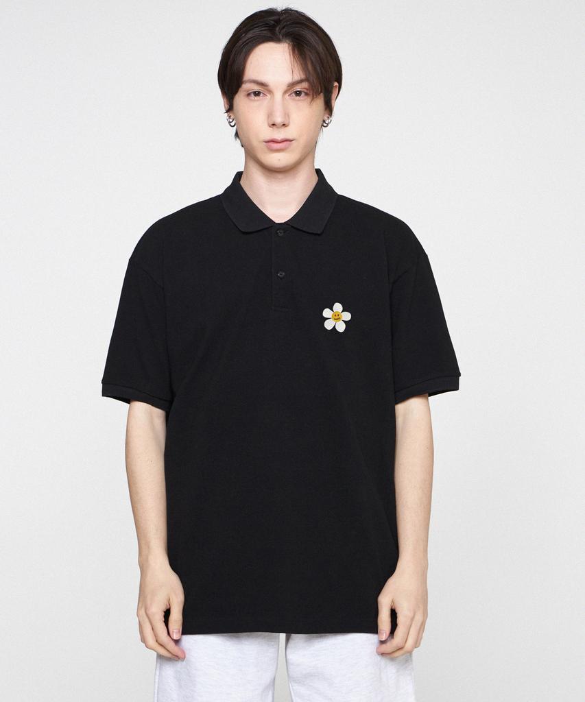 Graver [Unisex] Flower Embroidered Pique Short Sleeve T-Shirt_Black